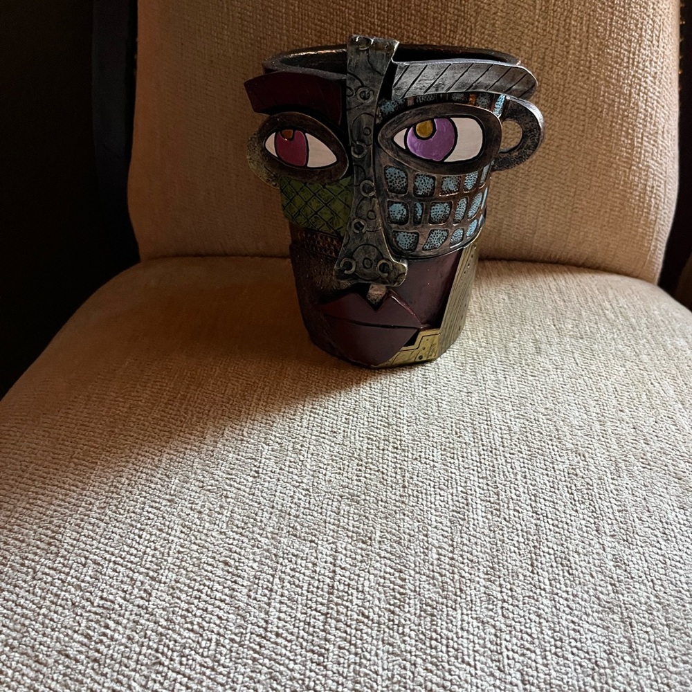 Abstract Face Art 6 inch Sculpture Pot  with Purple and Green Accents